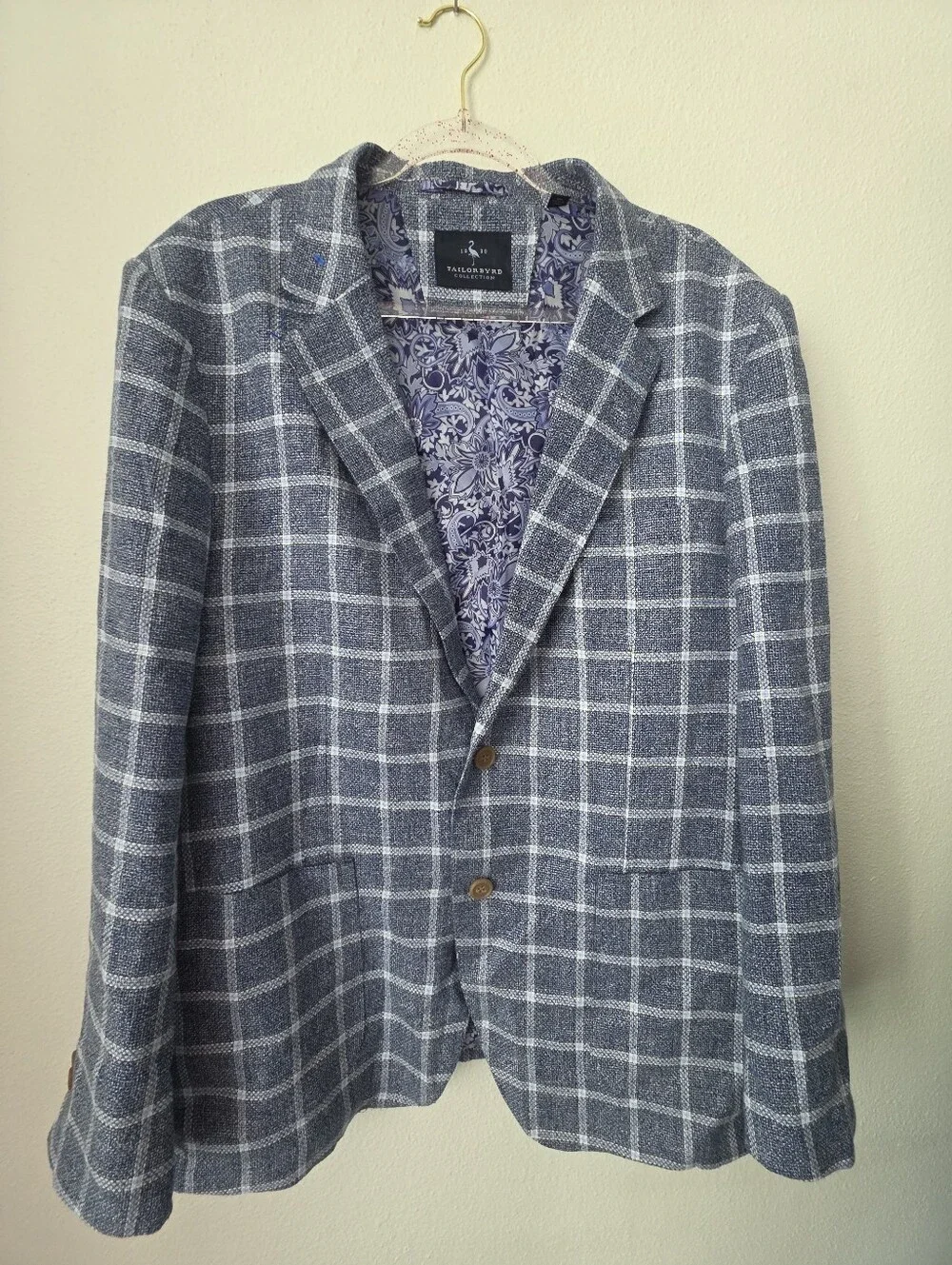 TailorByrd Blue Plaid Lightweight Blazer Sport Coat Paisley Lining 46R